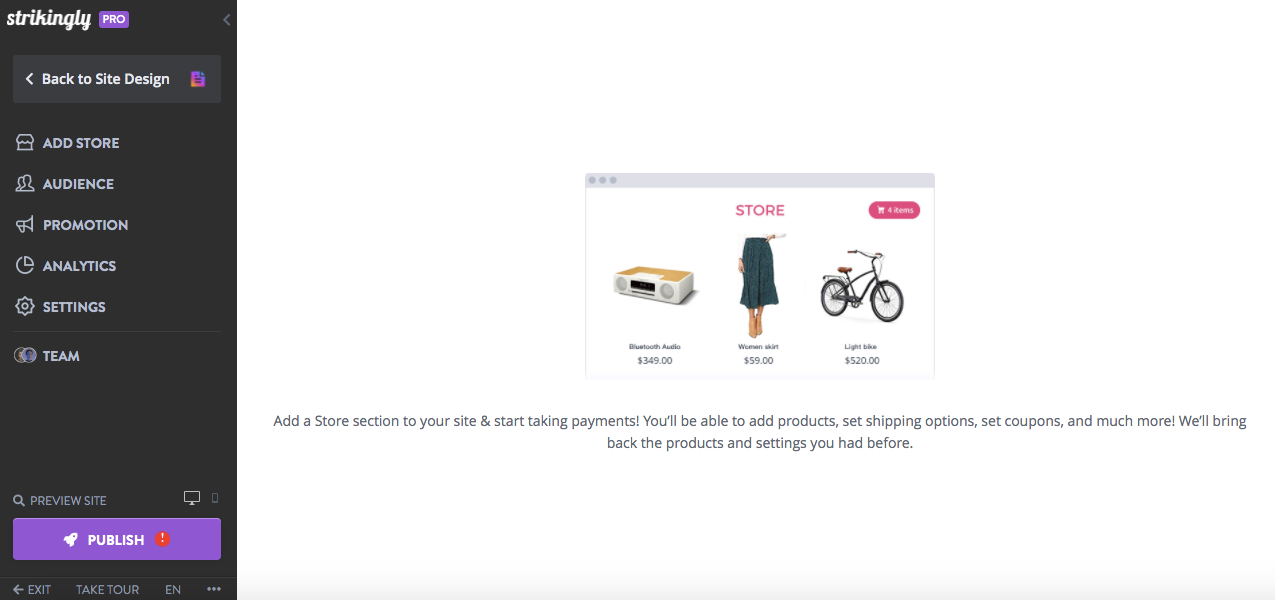 Screenshot of Strikingly Store Management page Screenshot of Strikingly Store Management page